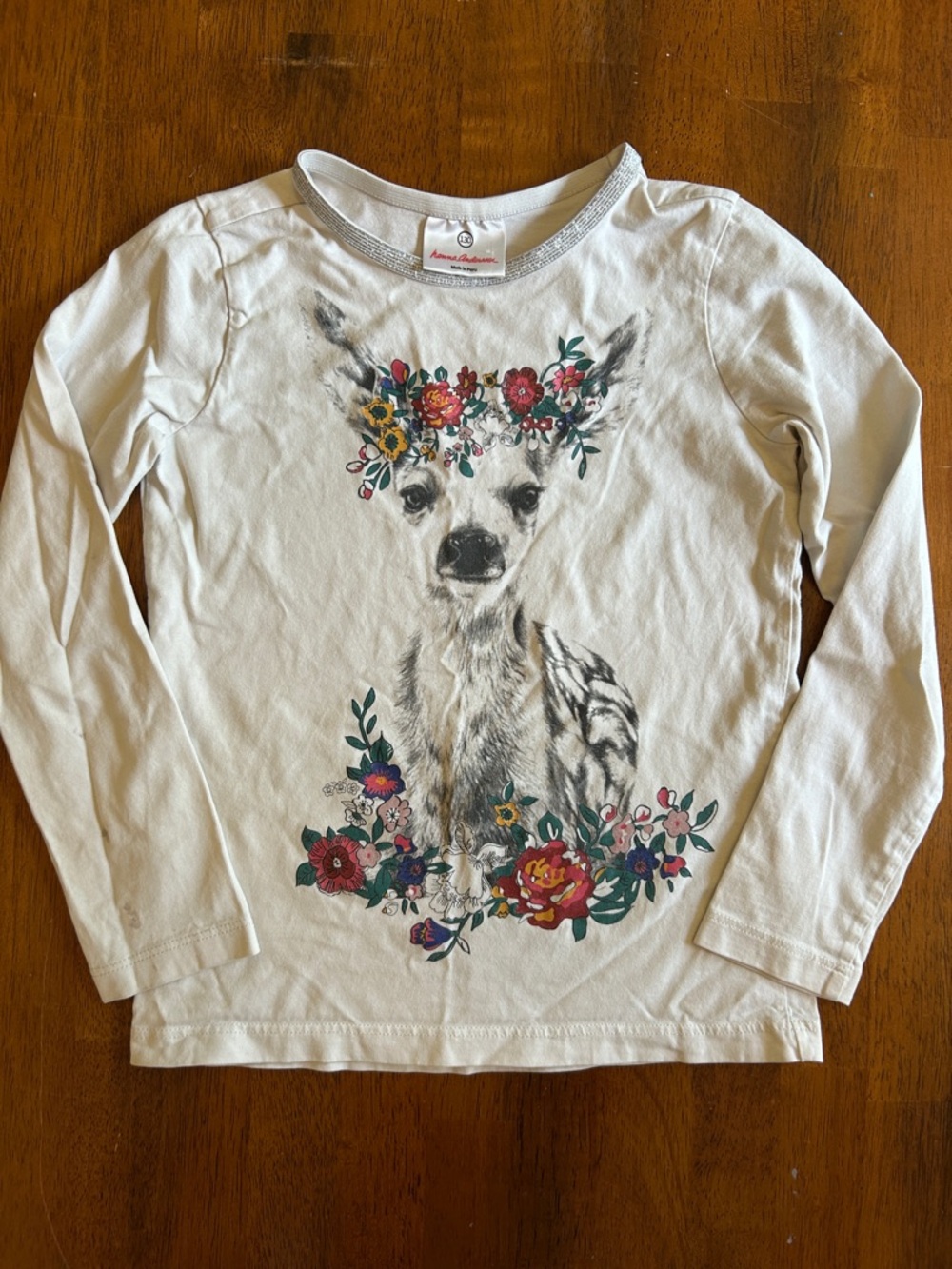 Hanna Andersson Deer Floral Graphic Tee Size 130 7/8 Girls Cotton Long Sleeve